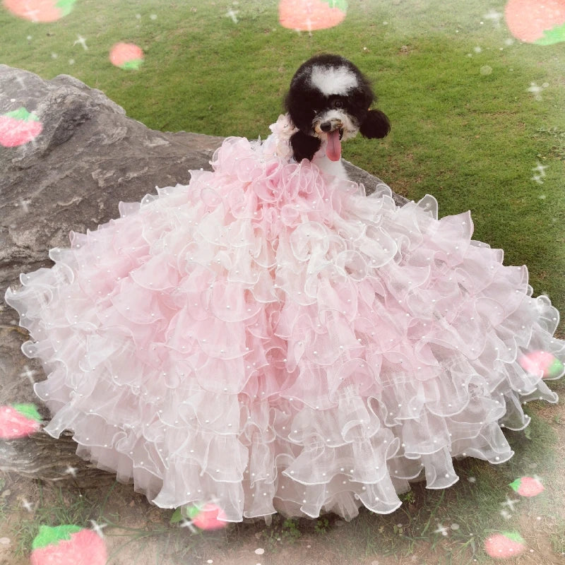 Handmade Luxury Dog Wedding Dress Pink Ball Gown Trailing Princess Style with Complicated Trimmings for Pets Noble Accessory
