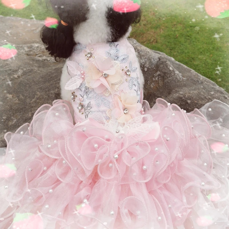 Handmade Luxury Dog Wedding Dress Pink Ball Gown Trailing Princess Style with Complicated Trimmings for Pets Noble Accessory