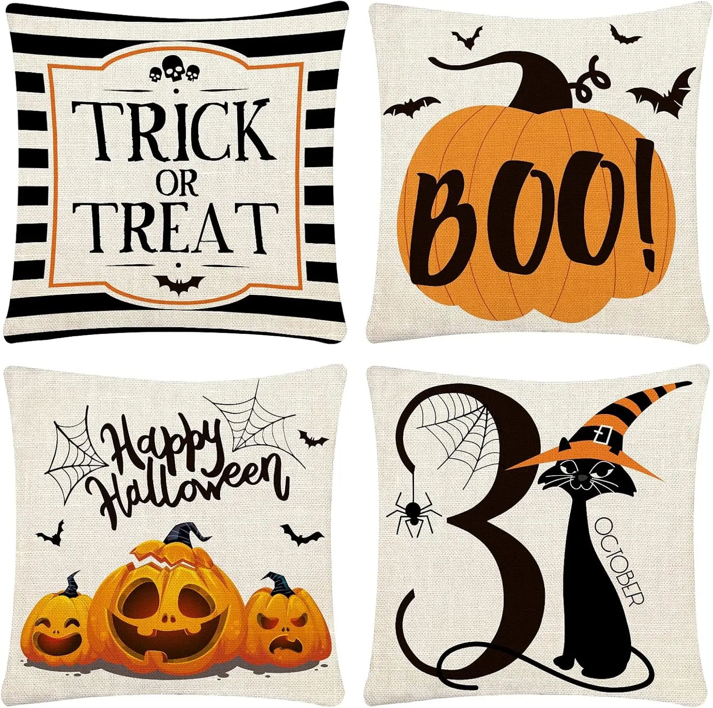 4-Pack Halloween Pillow Covers 18x18 – Trick or Treat Linen Cushion Cases for Sofa & Bed Decor