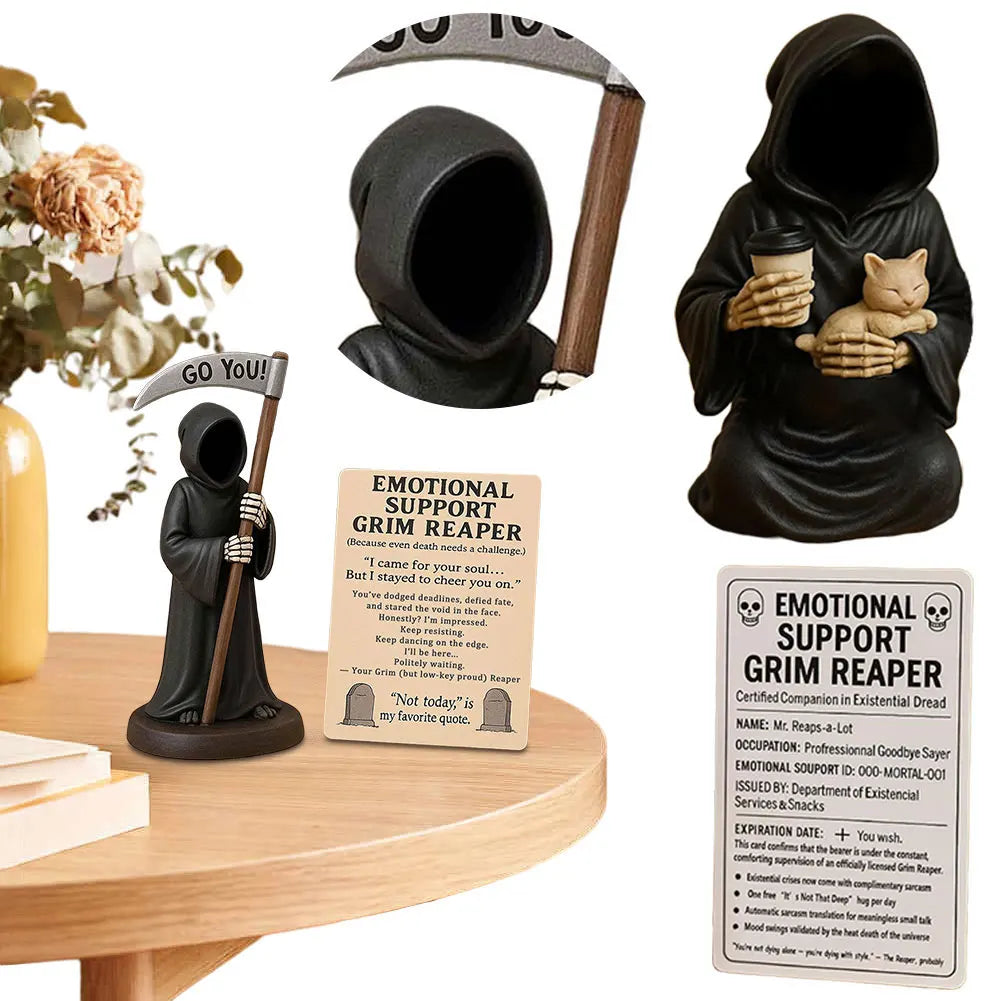 Emotional Support Grim Reaper Figurine with Support Card Grim Reaper Statue Gothic Skeleton Statue for Halloween Decor