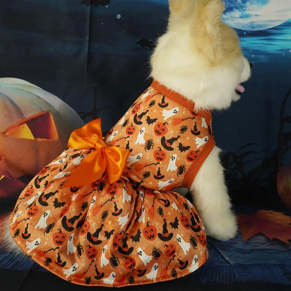 Festival Cosplay Puppy Clothes Halloween Dog Clothes Pumpkin Bat Decor Print Dress Satin Bow Cat Princess Skirt Sweet Pet Dress