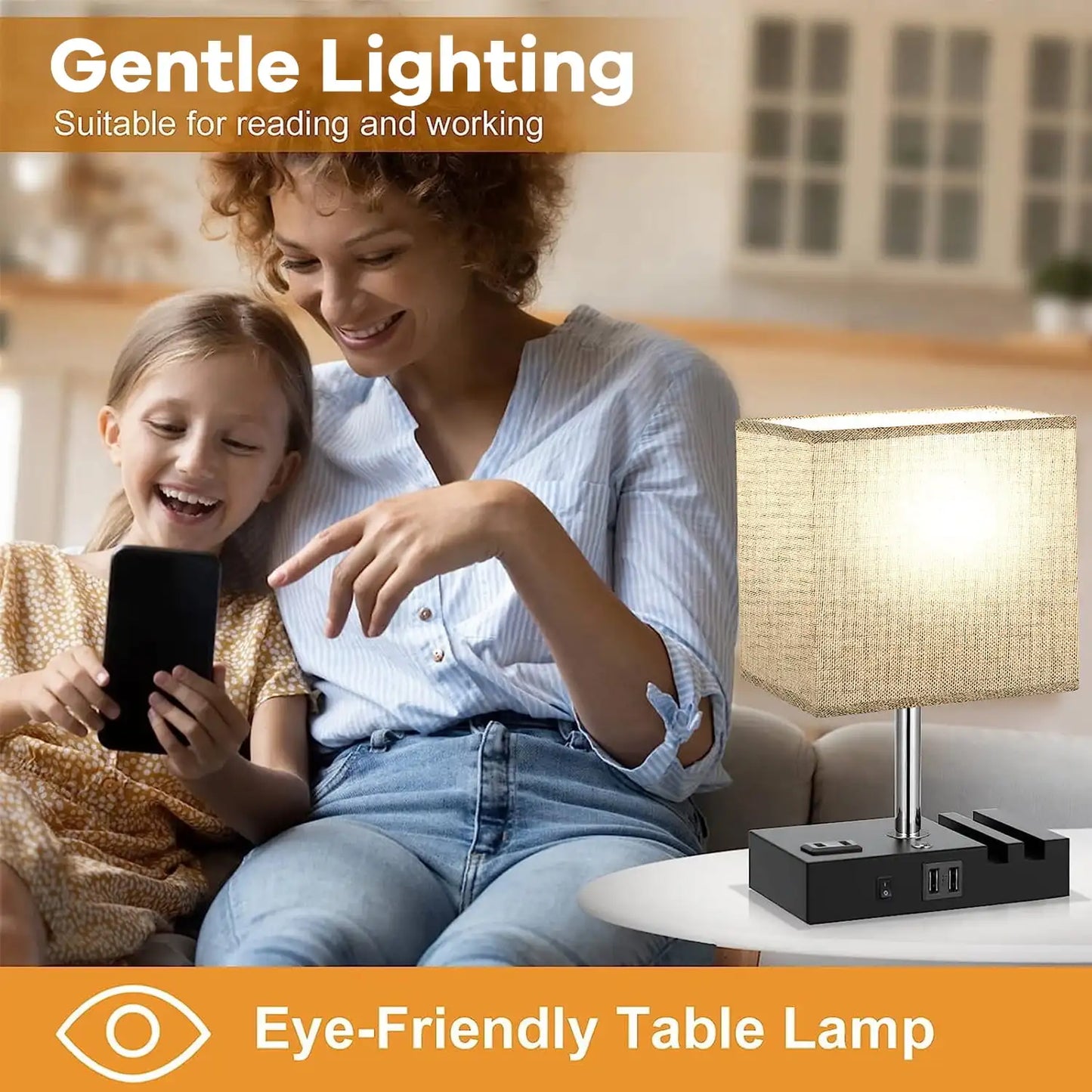 Bedside Table Lamp for Bedroom Office Nightstand Lamp with AC Outlet Port 2 USB Charging Ports & 3 Way Dimmable Touch Lamp