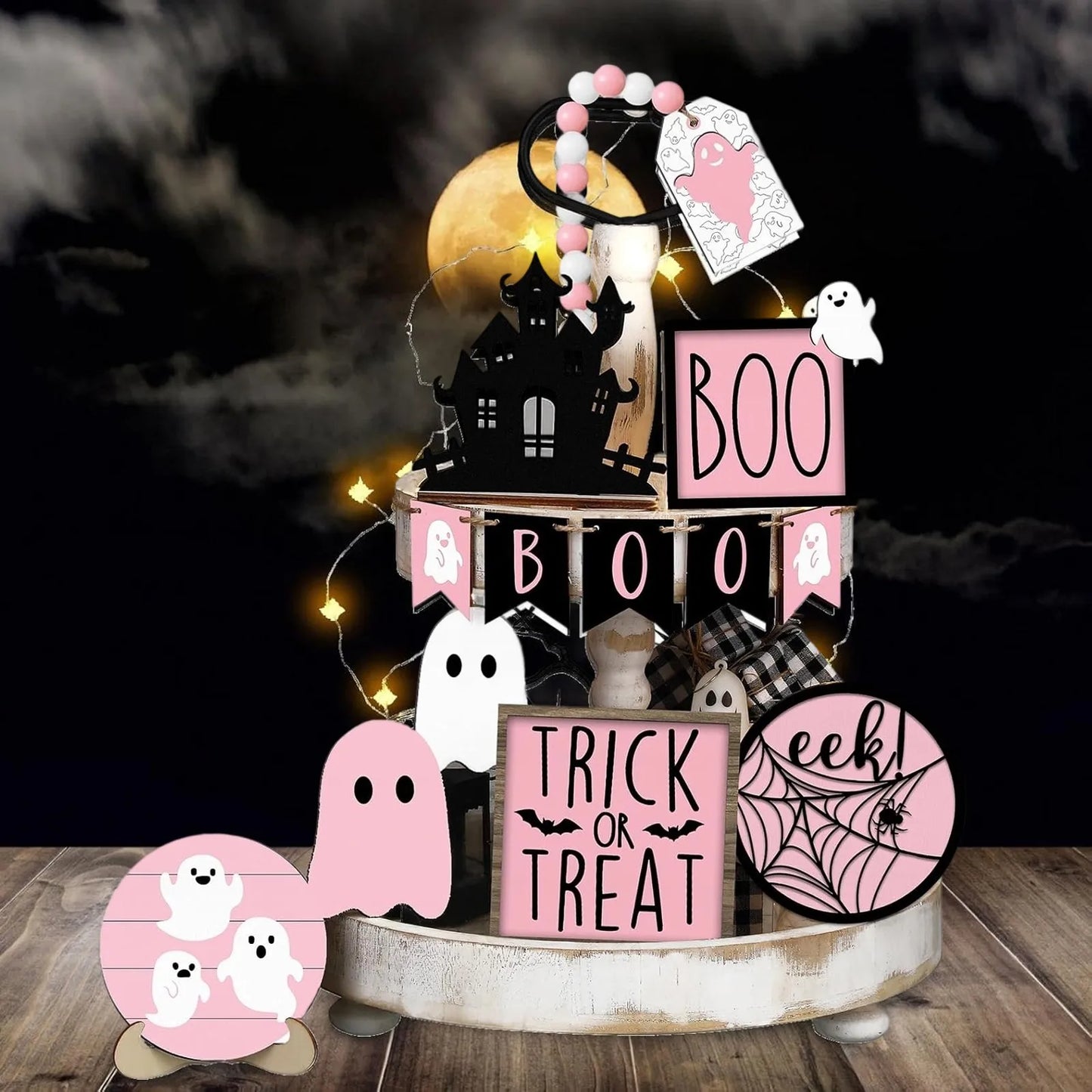 Halloween Tiered Tray Decor Set Cute Tray Decorations Halloween Wooden Signs Rustic Decoration For Home Table Party Supplies