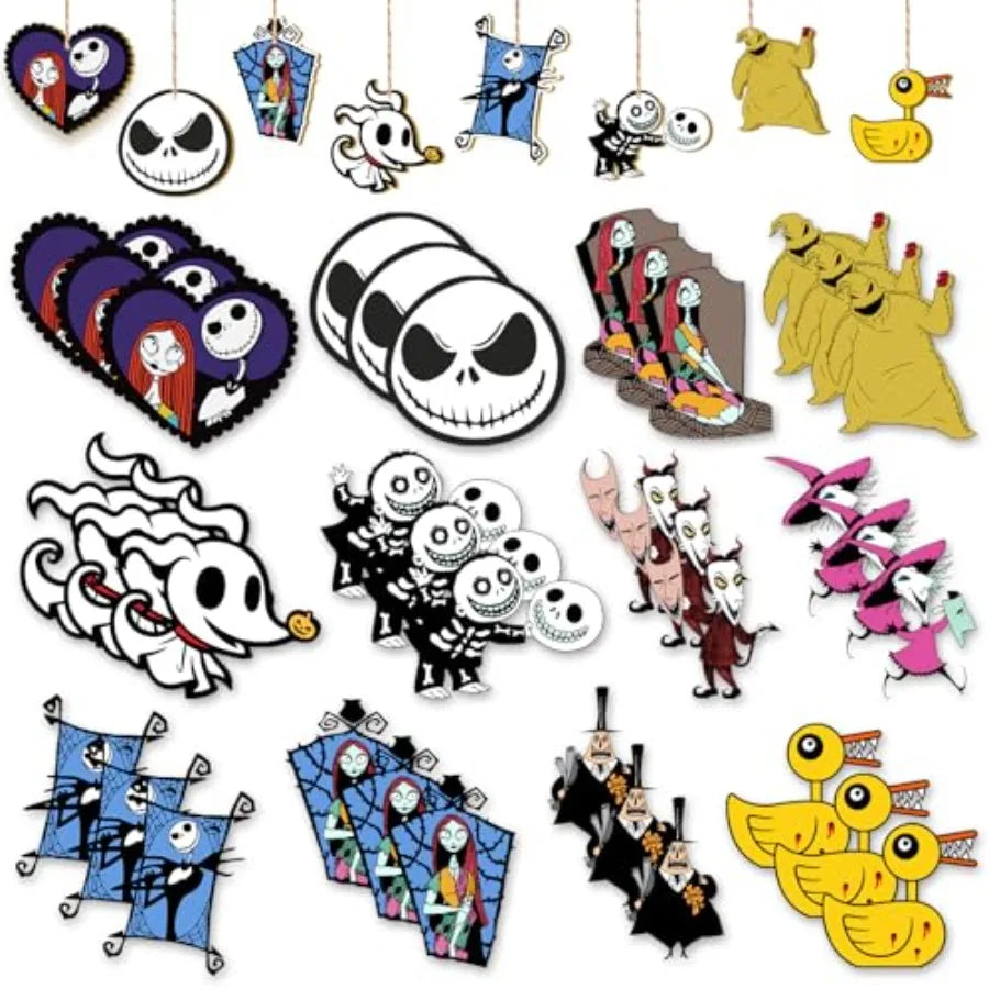 36 PCS Halloween Christmas Jack Sally Wooden Hanging Ornaments for Tree Wood Nightmare Christmas Tree Decorations Before Spooky