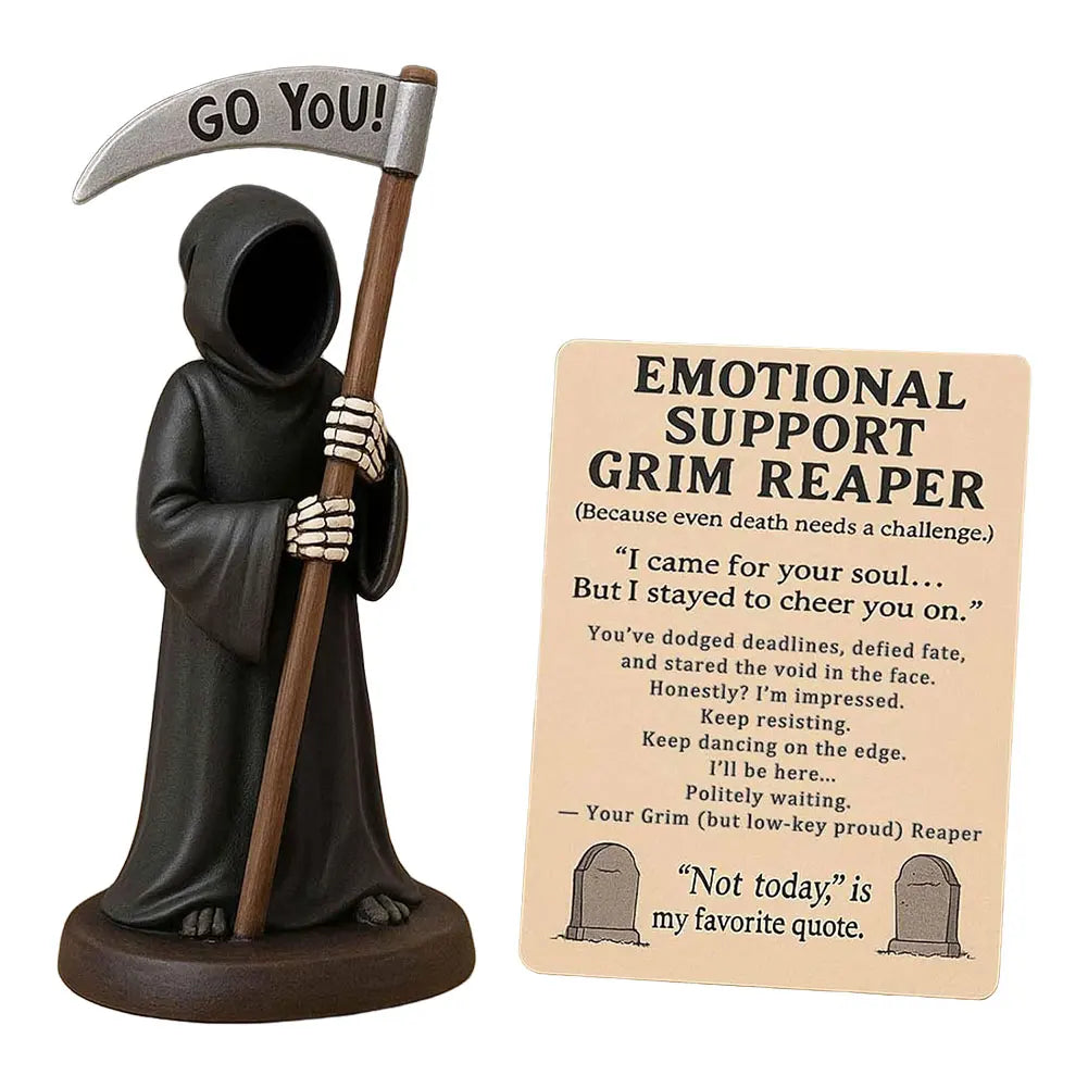 Emotional Support Grim Reaper Figurine with Support Card Grim Reaper Statue Gothic Skeleton Statue for Halloween Decor