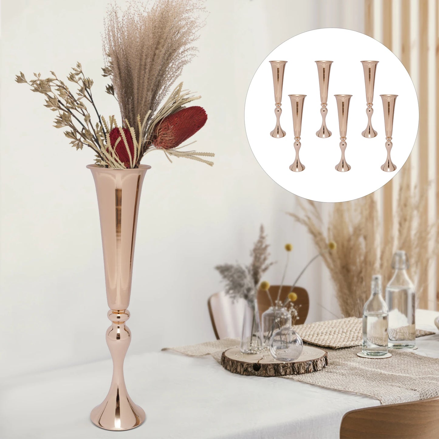 6pcs 22.2inch Metal Desktop Mount Trumpet Vases Gold Iron Decoration Vase For Weddings, Birthday Parties, Anniversaries
