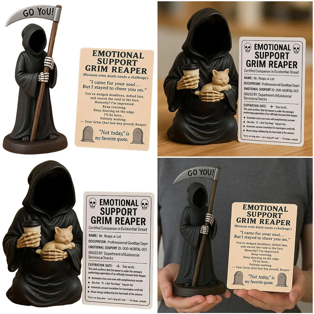Emotional Support Grim Reaper Figurine with Support Card Grim Reaper Statue Gothic Skeleton Statue for Halloween Decor