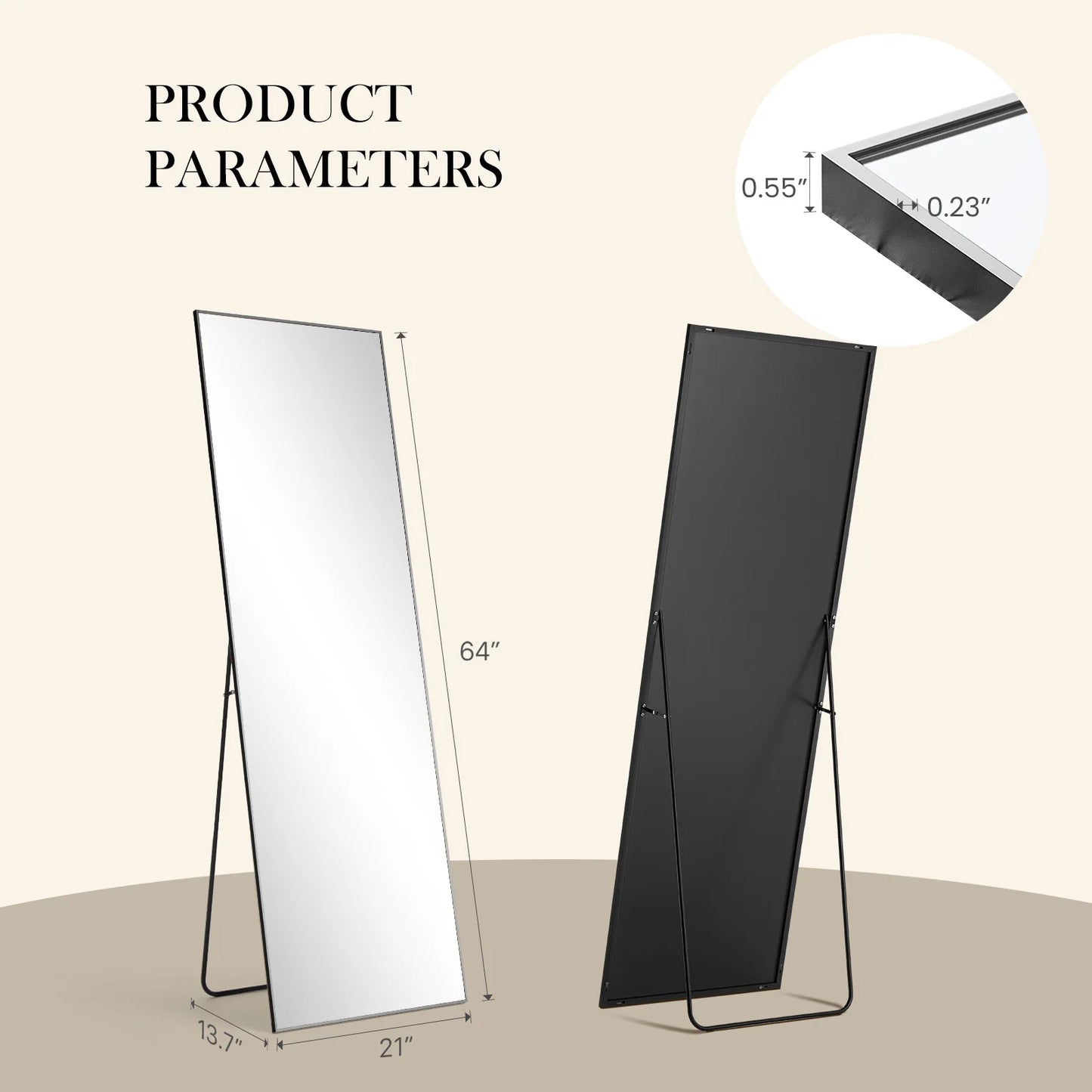 JHK Full Body Wall Mirror 59"x16"/64"x21" Standing or Wall-Hanging with Stand Aluminum Alloy Frame Bedroom Cloakroom Decoration
