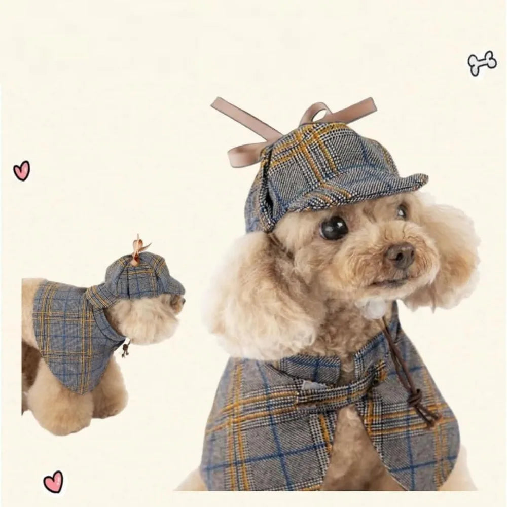 Dog Costume-Cute Detective Pet Clothes Set Halloween Cosplay Party Outfit Winter Fashion Cape Cloak Hat for Small Medium Dog & C