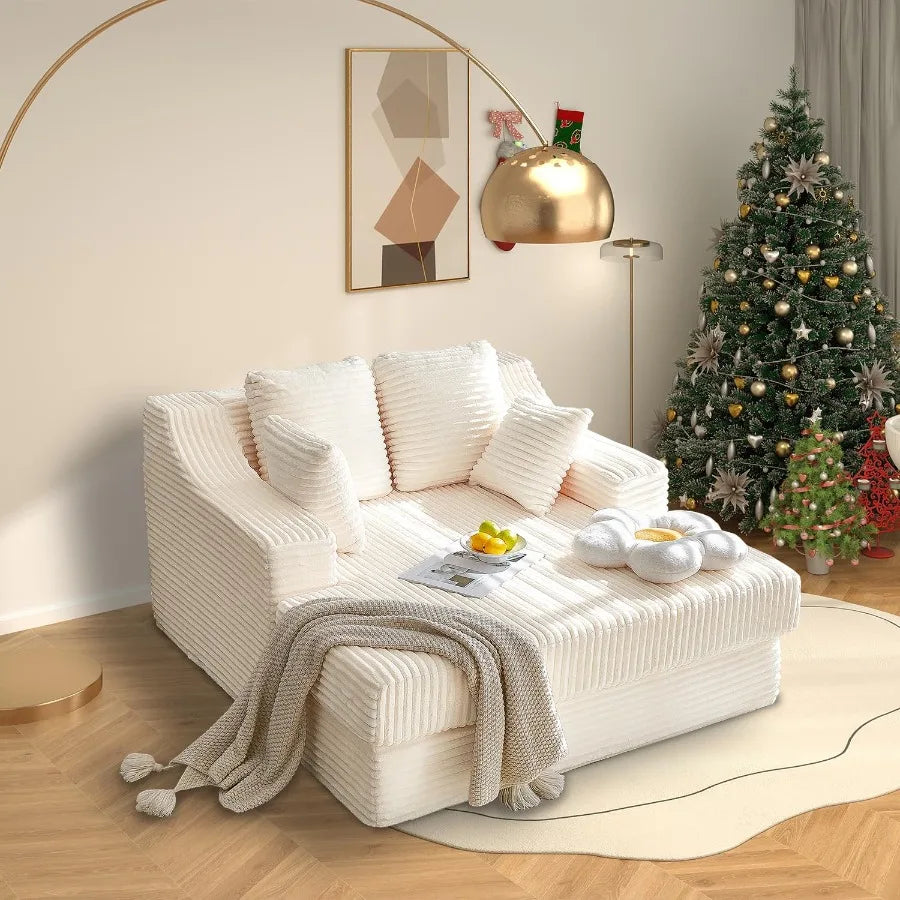 55 Inch Chaise Lounge Indoor Oversized Chaise Lounge with 4 Throw Pillows and Armrets Upholstered Plush Sofa Bed Corduroy Lazy