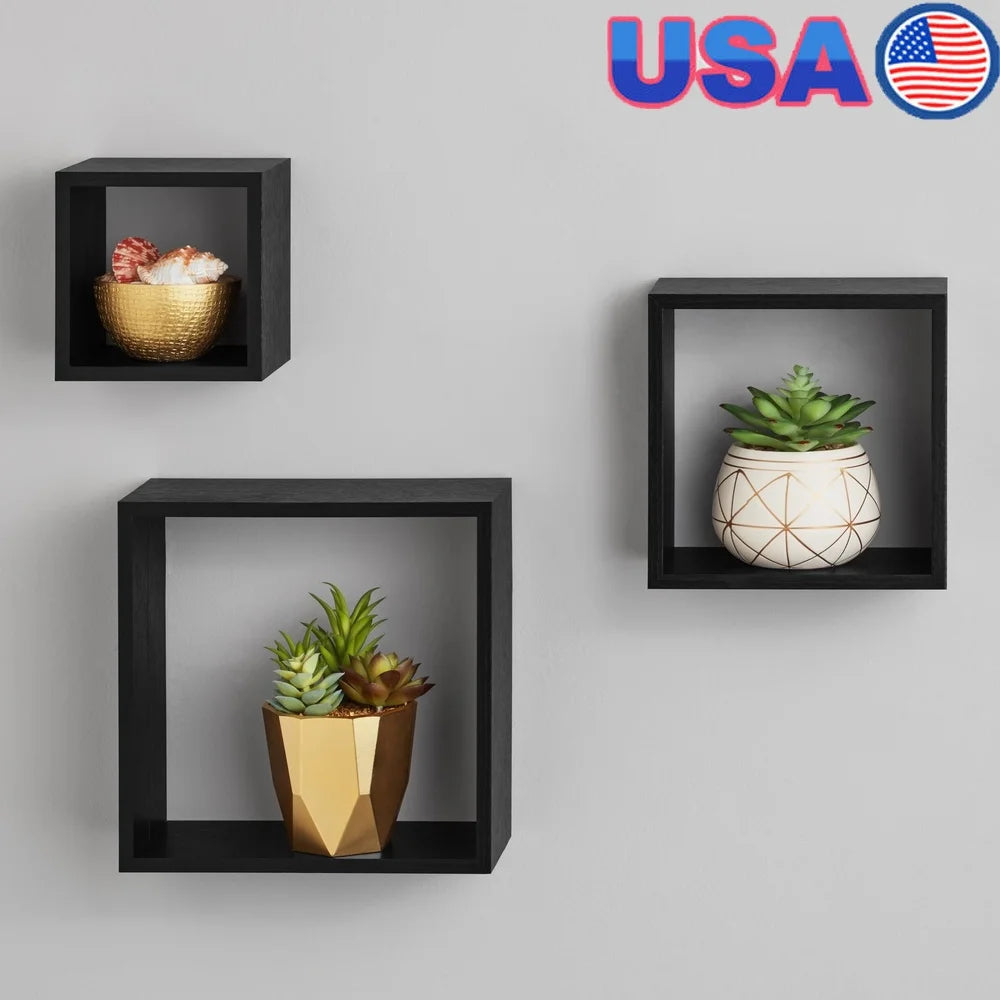 Modern Black Wood Cube Shelf Set Stylish Floating Storage Easy Installation Home Office Décor 3 Piece Set Holds 5lbs Each