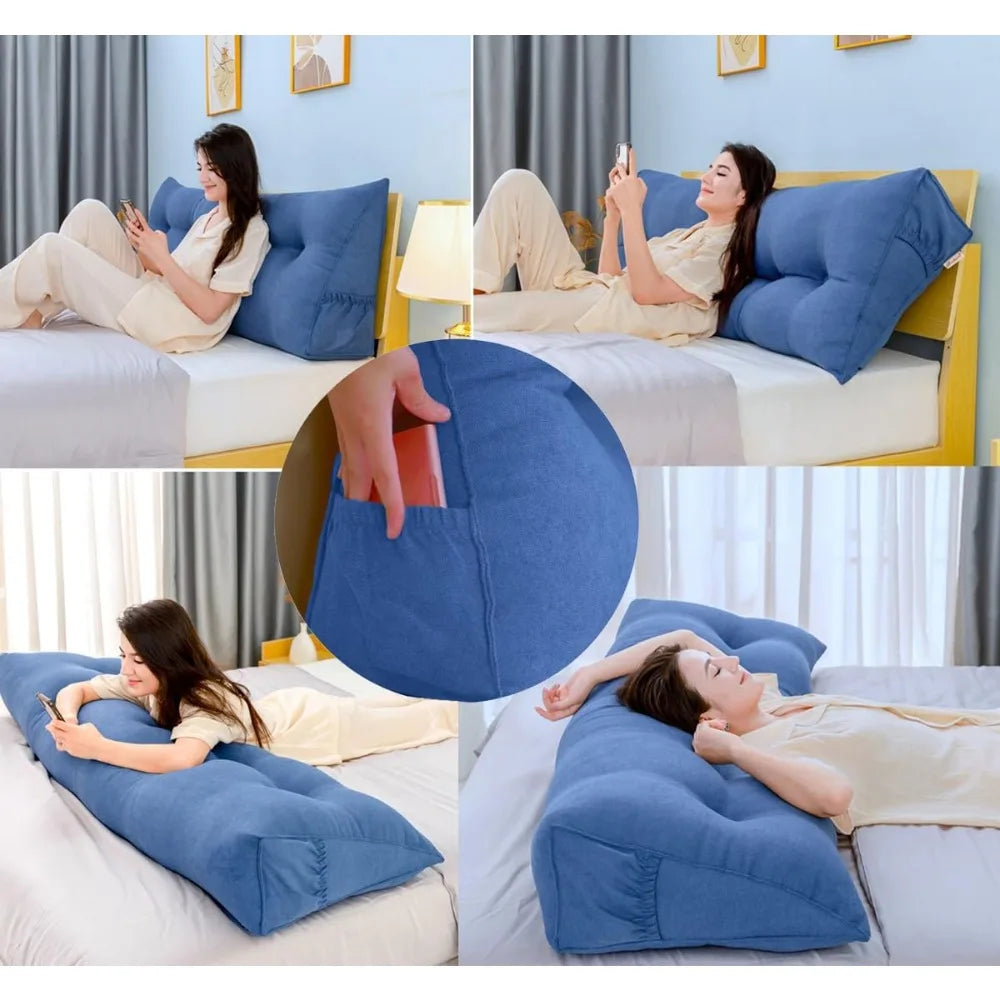 Triangular Reading Bed Rest Pillow Large Bolster Cushion Headboard Backrest Wedge Pillow with Removable Cover and Two Large Side