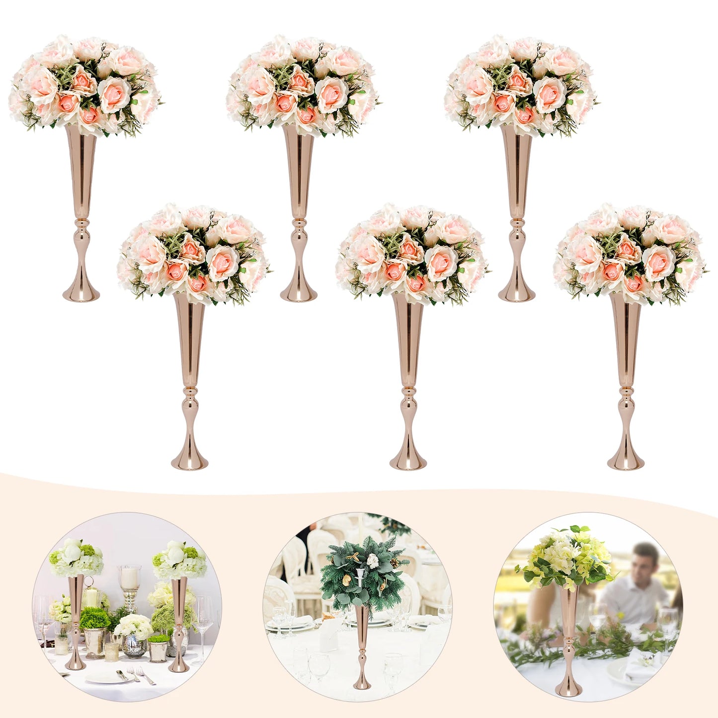 6pcs 22.2inch Metal Desktop Mount Trumpet Vases Gold Iron Decoration Vase For Weddings, Birthday Parties, Anniversaries