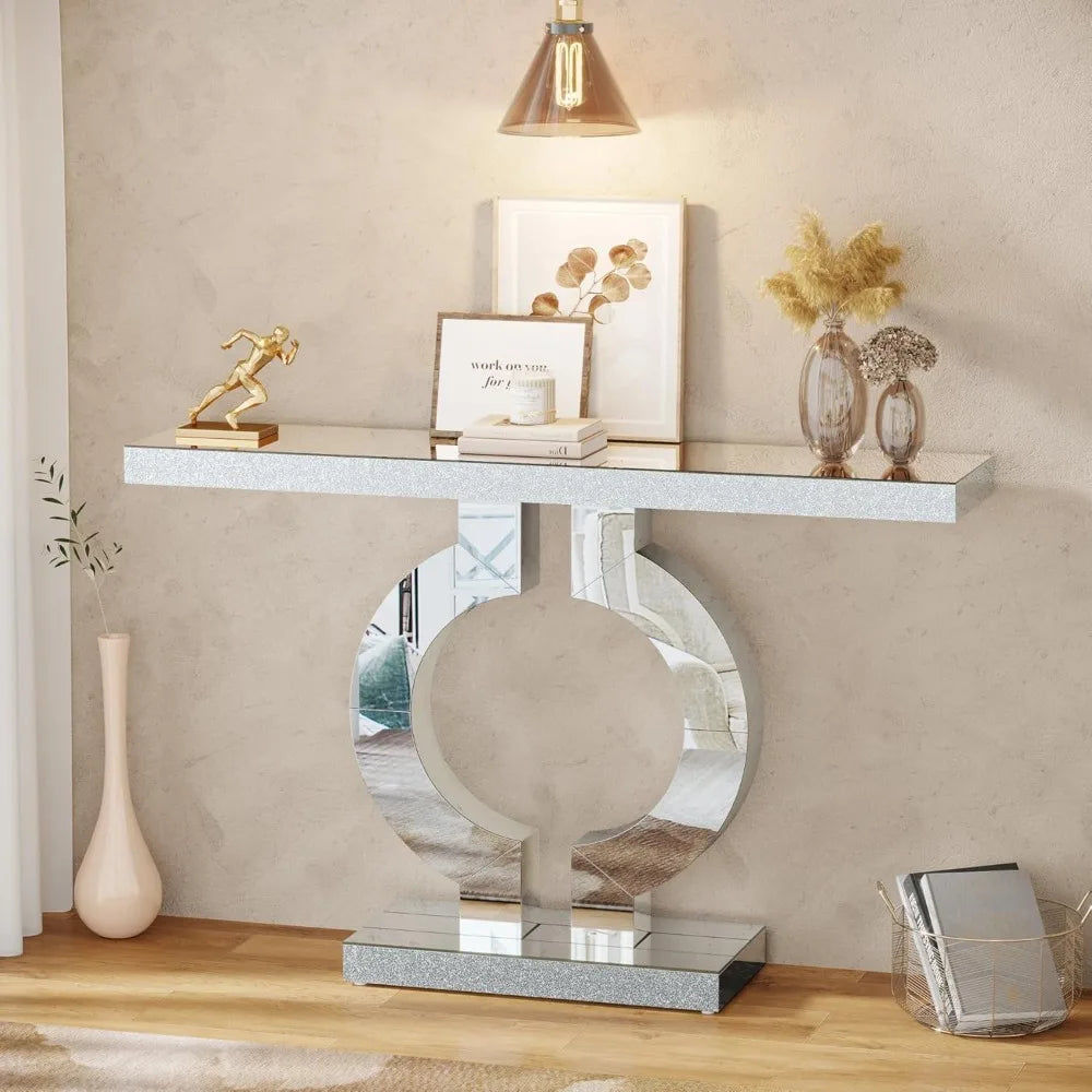 Contemporary Glass Console Table with Mirrored Finish, 43" Rectangular Entryway Accent Table on O-Base