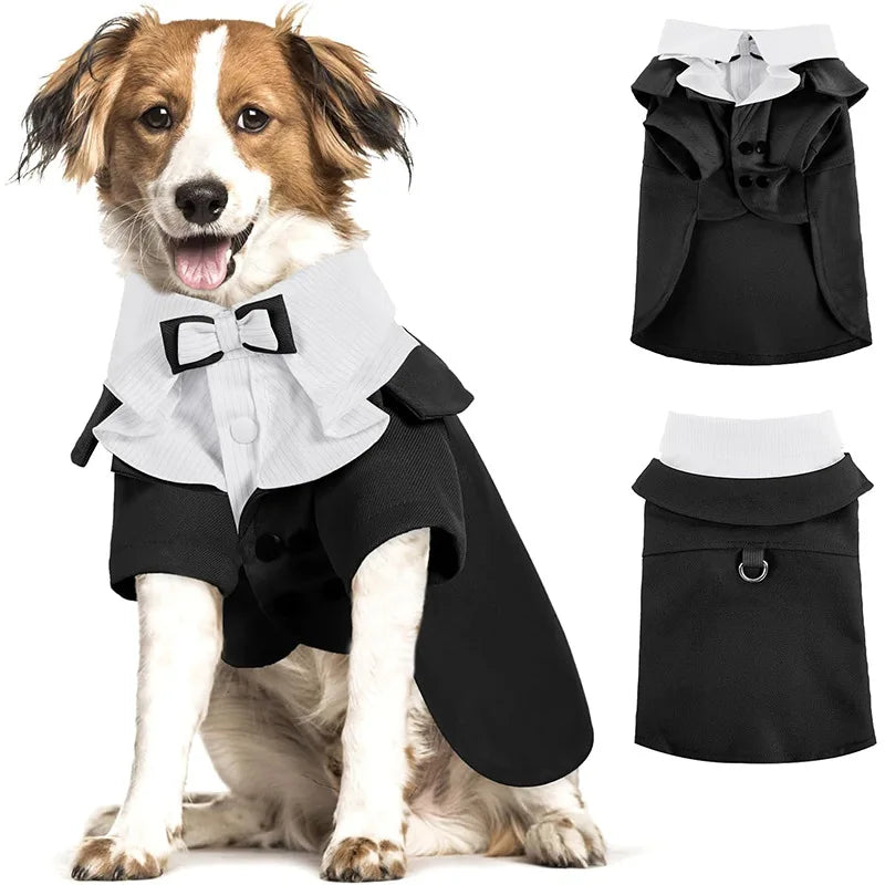 Pet Tuxedo Suit With Bow Tie - Formal Wedding Shirt For Small Dogs And Cats - Adjustable Costume For Christmas Halloween Parties