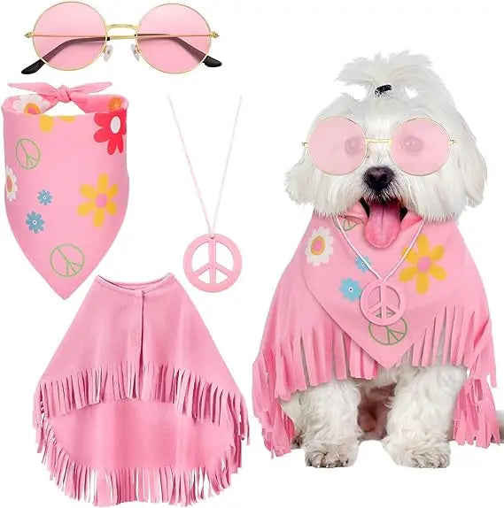 Hippie Dog Halloween Costume Funny Dog Outfits with Pink Cloak Bandana Glasses Necklace Dress up Pet Clothes (Small)