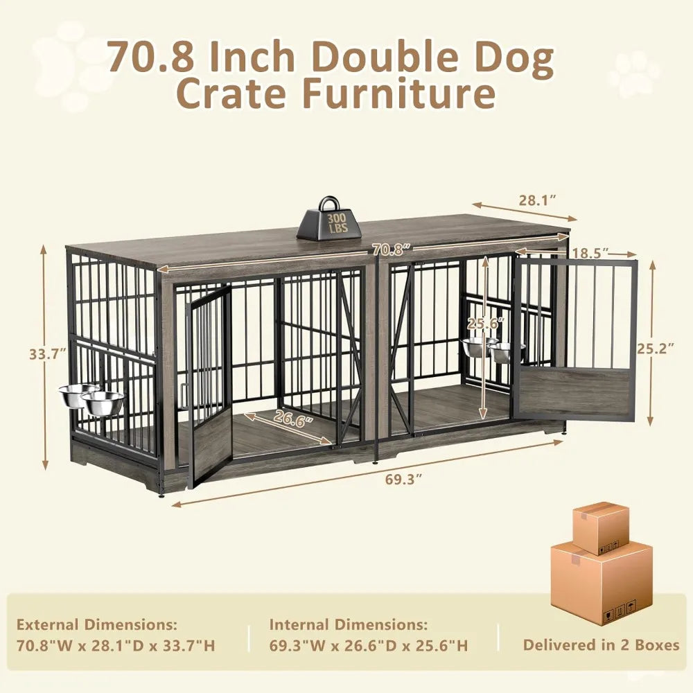 71'' Double Dog Crate Furniture for 2 Dogs, Large Dog Cage with Adjustable Divider, Heavy Duty Dog Kennel Indoor with 4 Bowls,