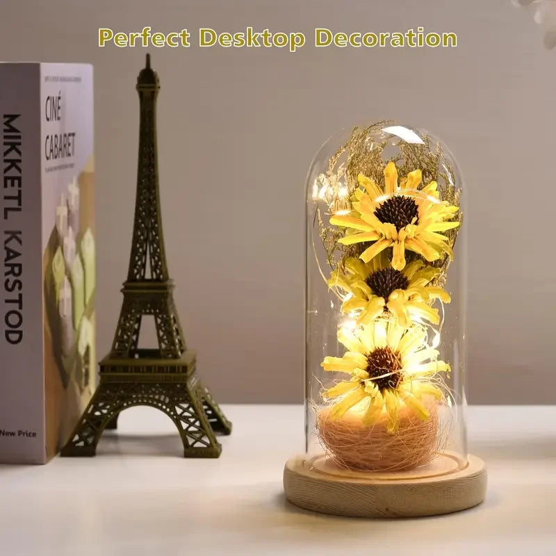 Sunflower Gifts for Women, Artificial Sunflowers in Glass Dome with LED Strip, Sunflower Decor on Mother's Day, Valentine's Day,