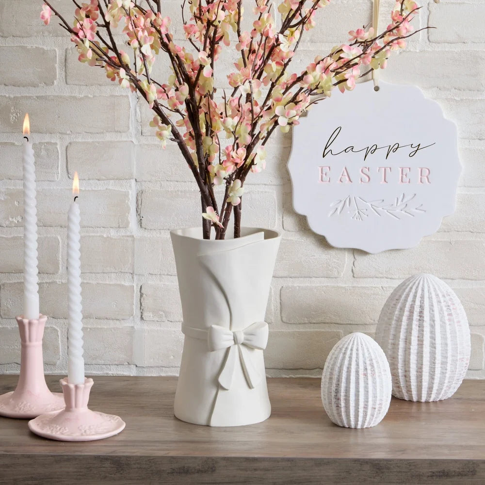 Easter Large Resin Vase with Bow Modern Farmhouse Spring Decor Elegant White Decorative Accessory Home Table Centerpiece