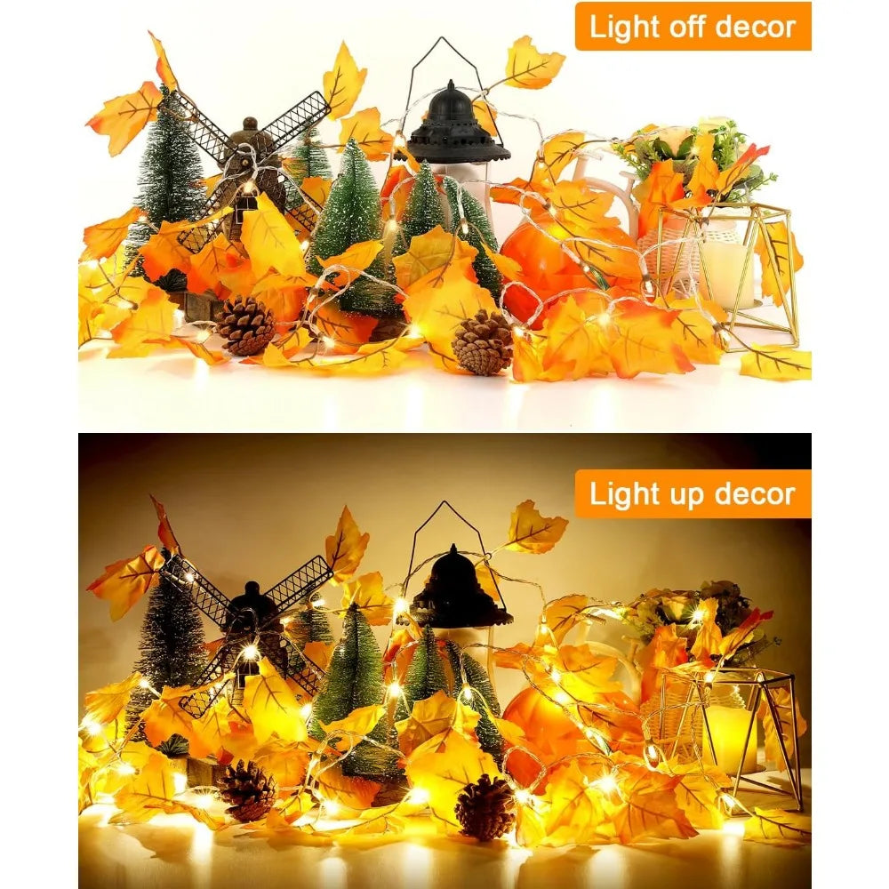 Fall Decor 3-Pack Fall Leaf Garland with Lights, Total 24.6ft 60 LED Halloween String Lights, Thanksgiving Decorations for Home