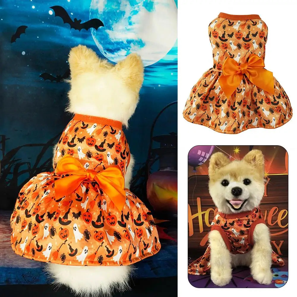 Festival Cosplay Puppy Clothes Halloween Dog Clothes Pumpkin Bat Decor Print Dress Satin Bow Cat Princess Skirt Sweet Pet Dress