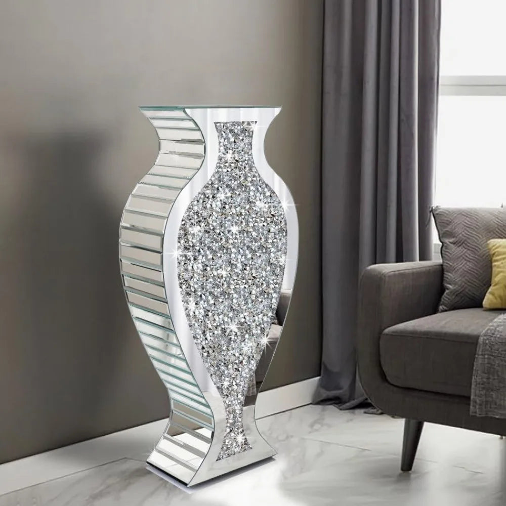Tall Floor Vase S Crushed Diamond Mirrored Vase 27” Tall, Crystal Silver Glass Decorative Mirror Large Vase Luxury for Home Deco