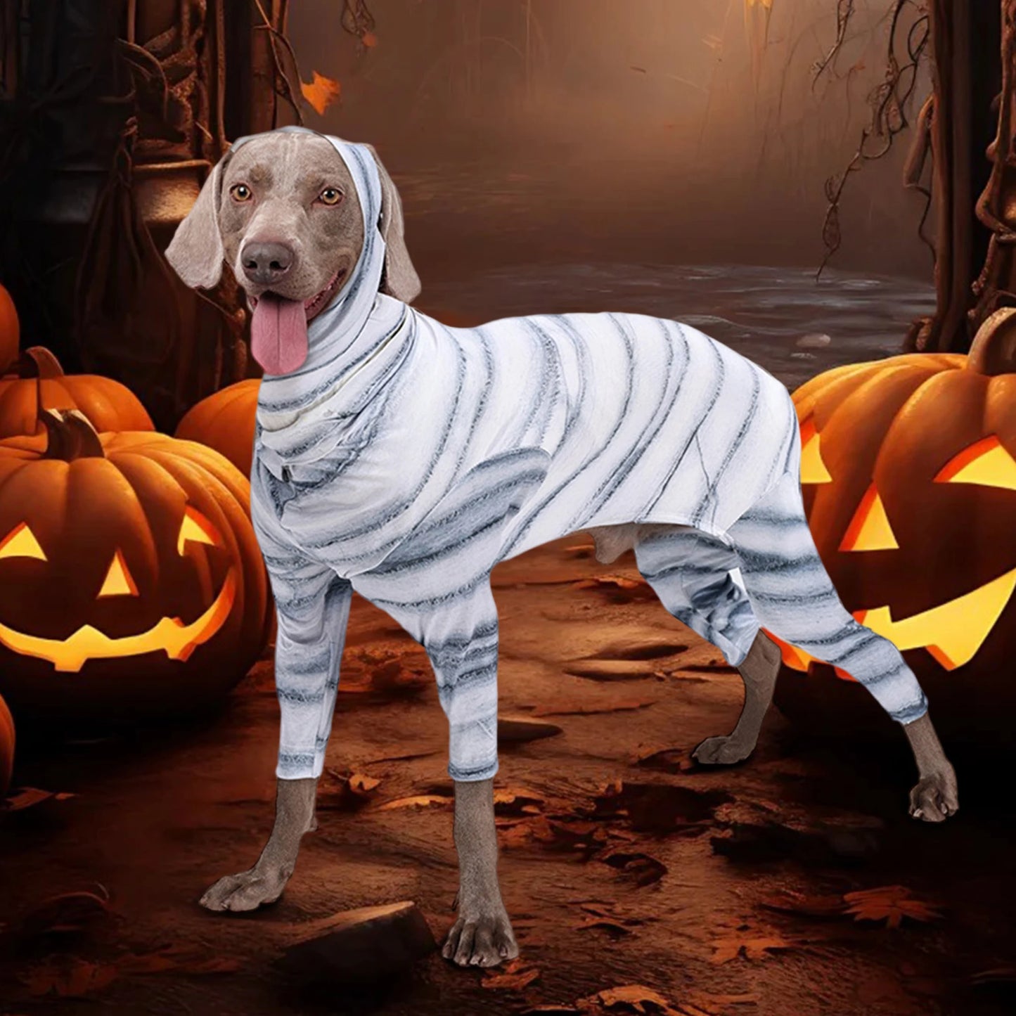 Funny Halloween Costume for Dogs and Cats - Striped Mummy Print Jumpsuit for Pet Cosplay Party Outfit Perfect for Decoration