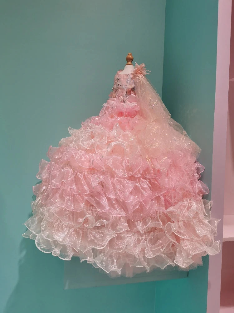 Handmade Luxury Dog Wedding Dress Pink Ball Gown Trailing Princess Style with Complicated Trimmings for Pets Noble Accessory
