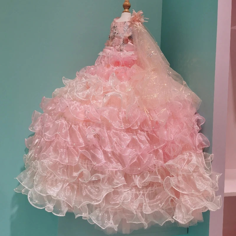 Handmade Luxury Dog Wedding Dress Pink Ball Gown Trailing Princess Style with Complicated Trimmings for Pets Noble Accessory