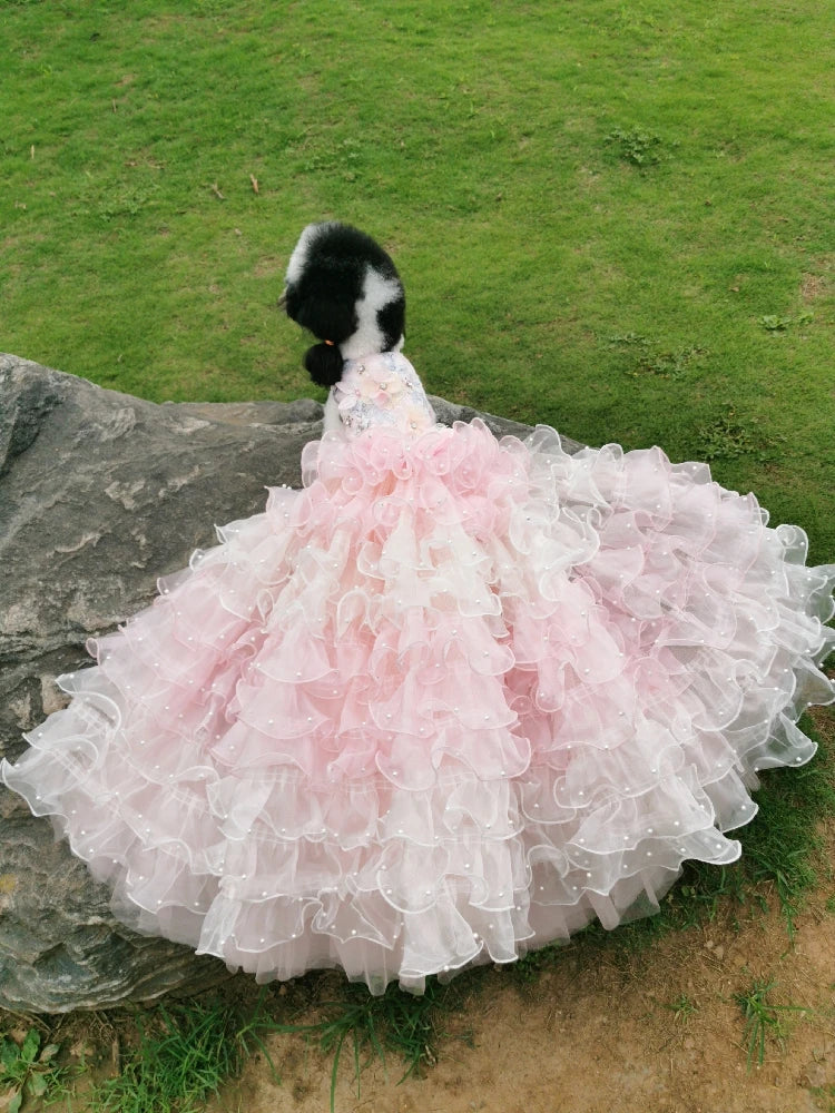 Handmade Luxury Dog Wedding Dress Pink Ball Gown Trailing Princess Style with Complicated Trimmings for Pets Noble Accessory