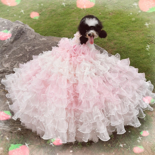 Handmade Luxury Dog Wedding Dress Pink Ball Gown Trailing Princess Style with Complicated Trimmings for Pets Noble Accessory