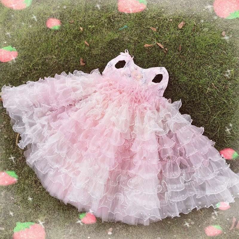 Handmade Luxury Dog Wedding Dress Pink Ball Gown Trailing Princess Style with Complicated Trimmings for Pets Noble Accessory