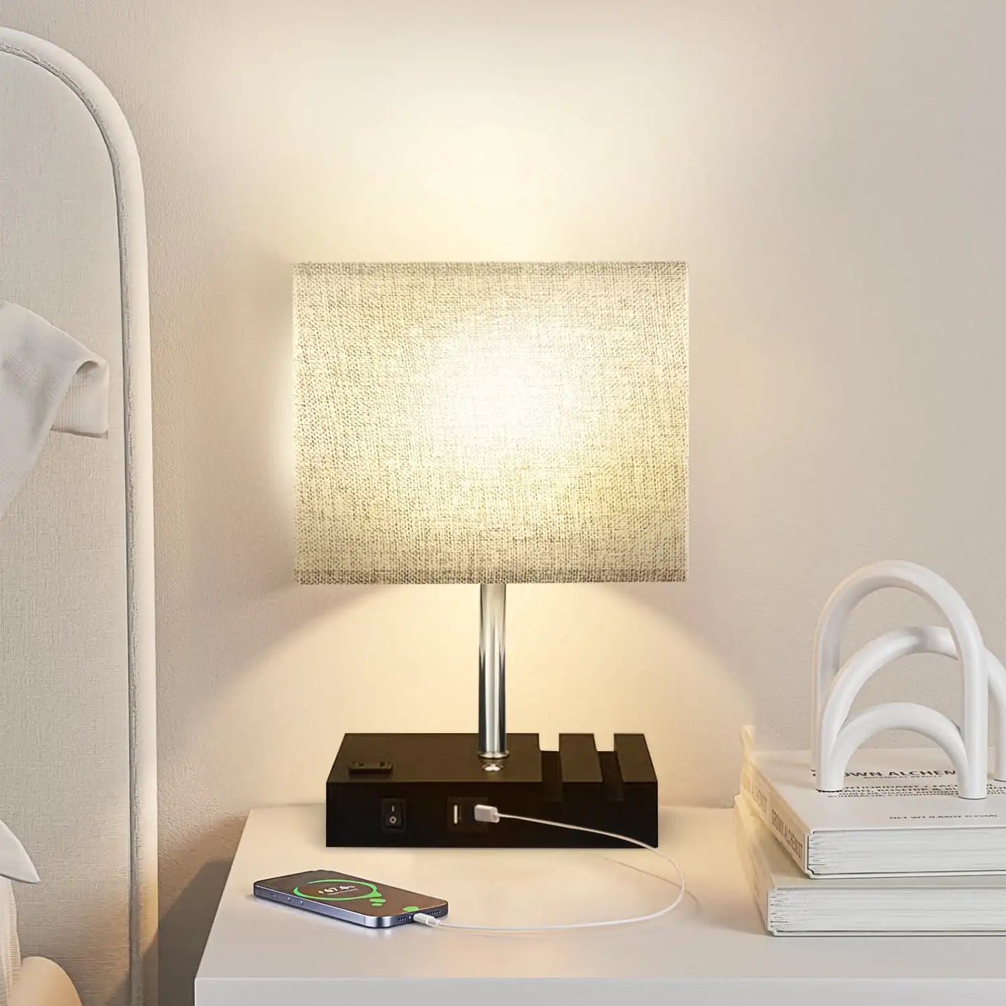 Bedside Table Lamp for Bedroom Office Nightstand Lamp with AC Outlet Port 2 USB Charging Ports & 3 Way Dimmable Touch Lamp