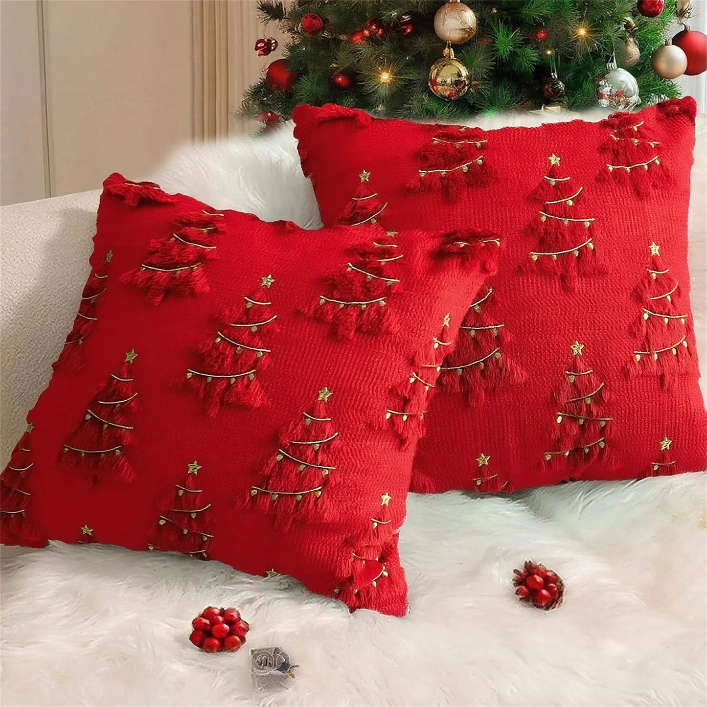 Festive Red and Green Christmas Pillow Covers with Plush Reindeer Design for Cozy Holiday Home Decor