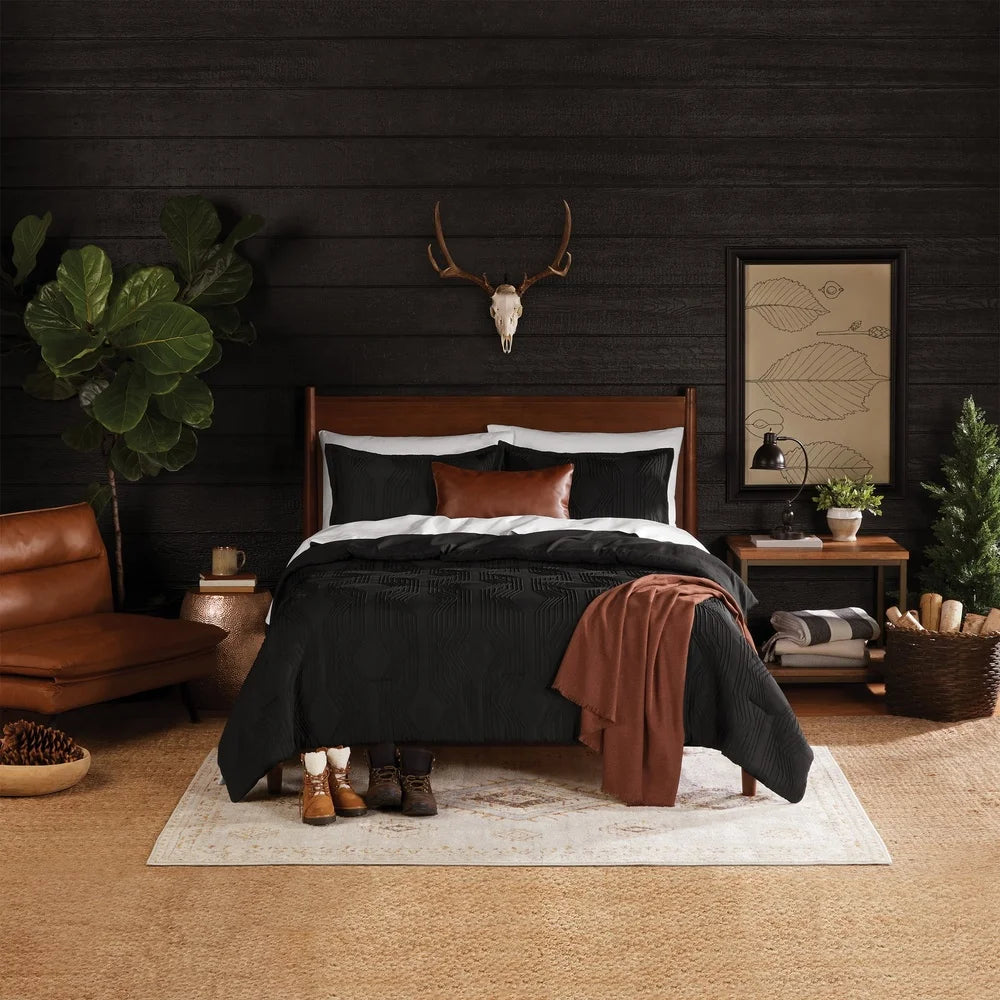 5-Piece Black Jacquard Comforter Set Full Queen Soft Textured Bedding Set Includes Shams Decorative Pillow Throw Easy Care