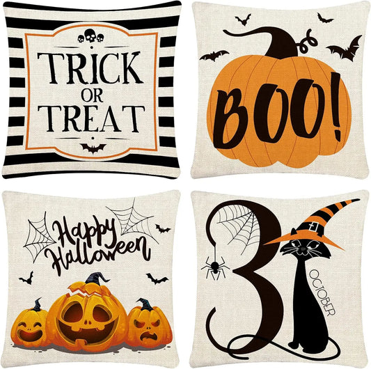 4-Pack Halloween Pillow Covers 18x18 – Trick or Treat Linen Cushion Cases for Sofa & Bed Decor