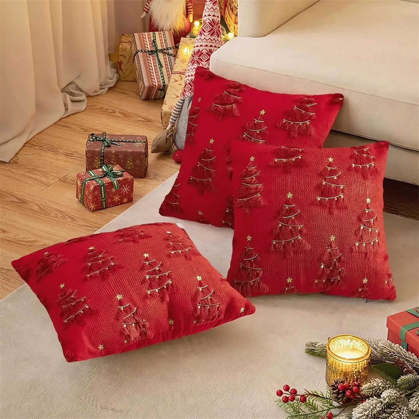 Festive Red and Green Christmas Pillow Covers with Plush Reindeer Design for Cozy Holiday Home Decor