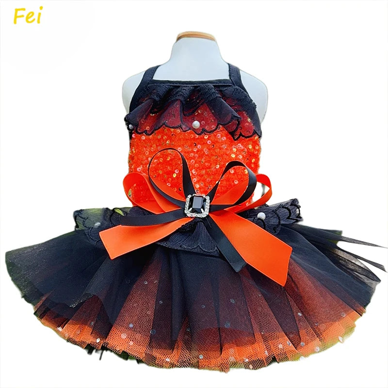 Halloween Party Dog Princess Dress with Orange Black Sequin Lace Bow, Tuxedo Costume for Teacup Pomeranian Autumn Wedding Pet