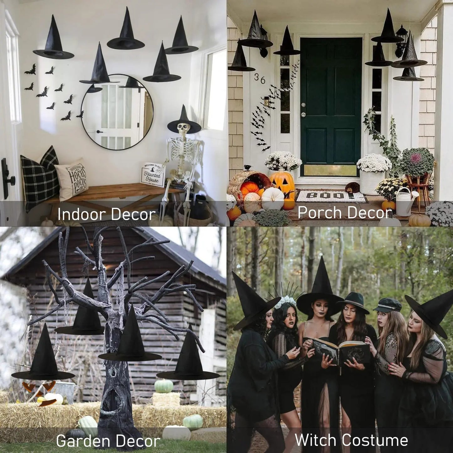 12-100 Halloween Hanging Witch Hats Costume Accessory Hanging Black Wizard Hat Bulk with Rope Floating Hats for Home Party Decor