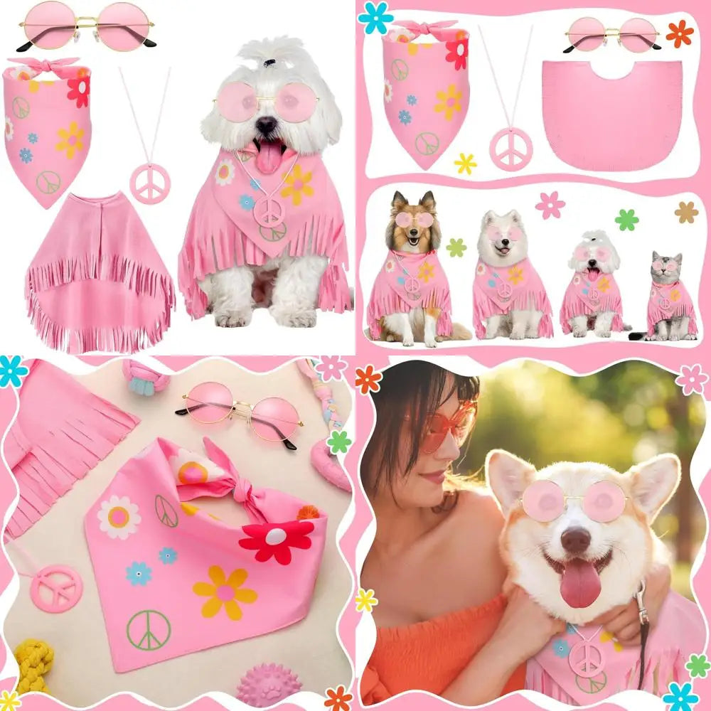 Hippie Dog Halloween Costume Funny Dog Outfits with Pink Cloak Bandana Glasses Necklace Dress up Pet Clothes (Small)