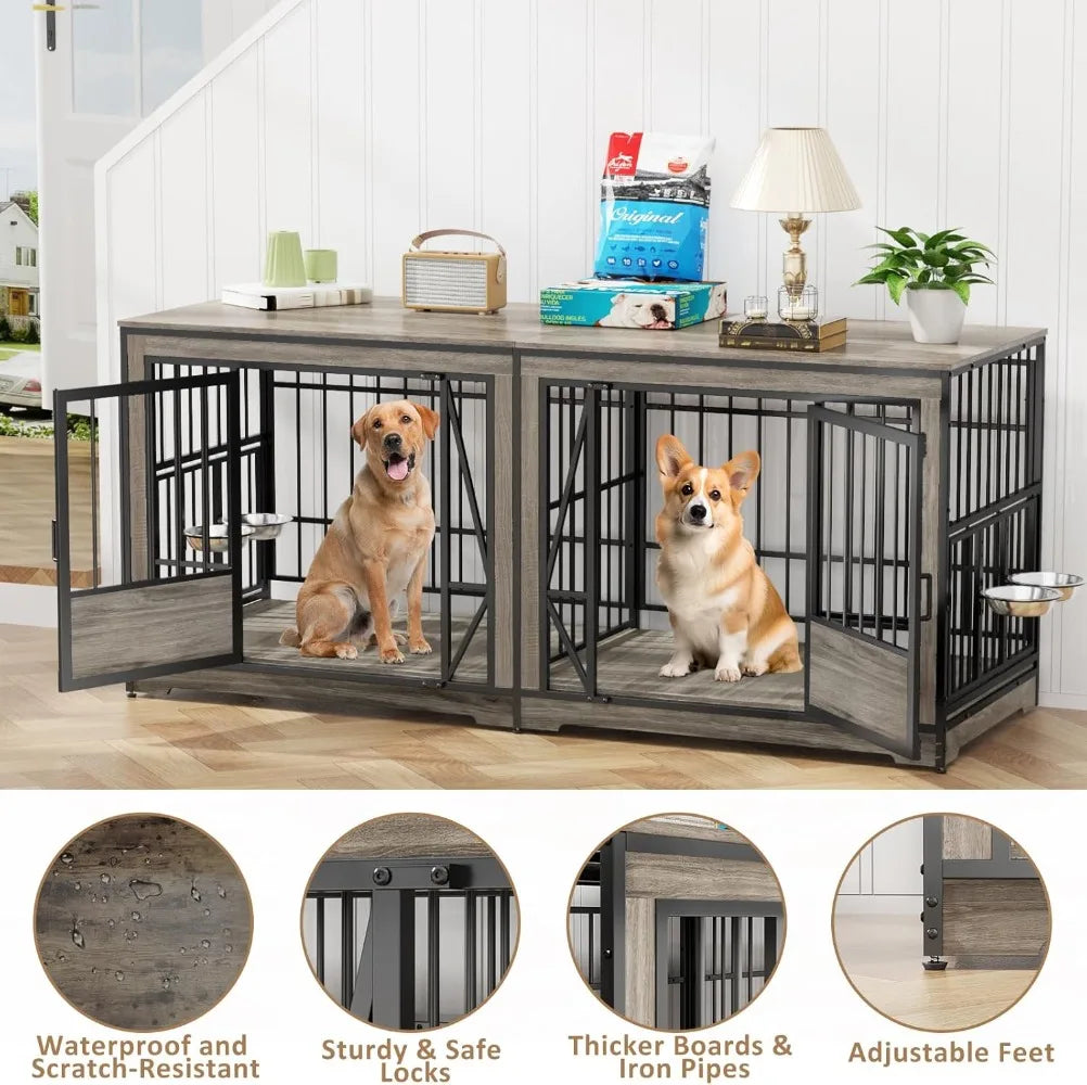 71'' Double Dog Crate Furniture for 2 Dogs, Large Dog Cage with Adjustable Divider, Heavy Duty Dog Kennel Indoor with 4 Bowls,