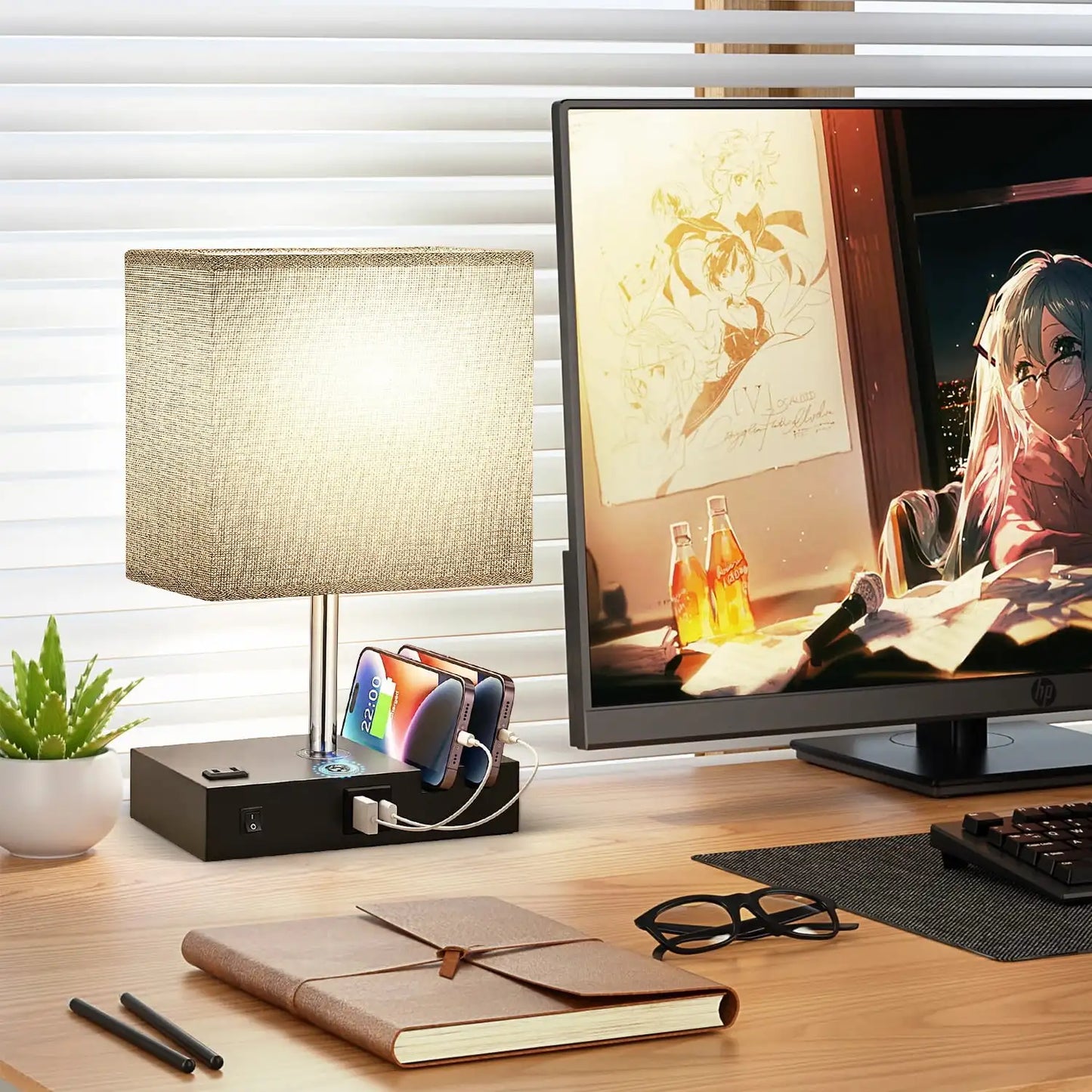 Bedside Table Lamp for Bedroom Office Nightstand Lamp with AC Outlet Port 2 USB Charging Ports & 3 Way Dimmable Touch Lamp