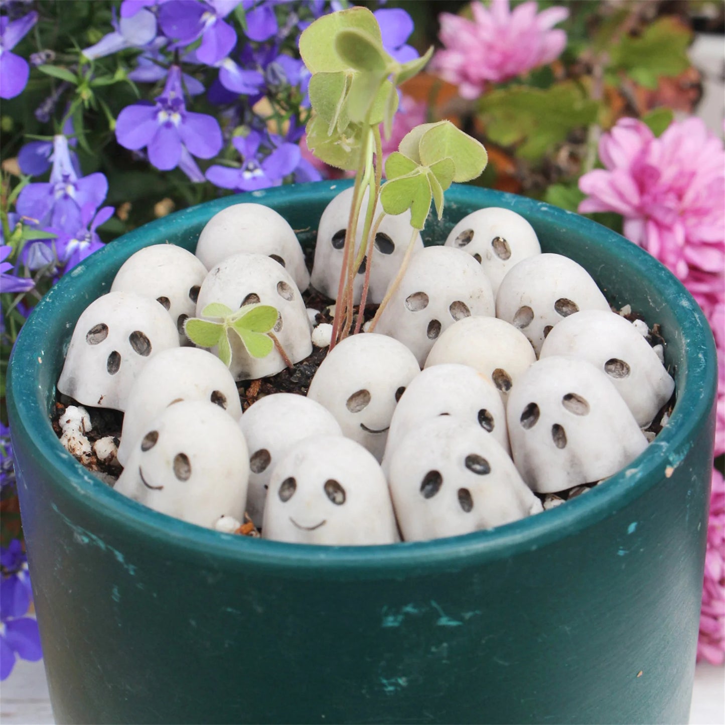 Halloween Pumpkin Table Centerpiece with LED Lights and Spooky Ghost Figurines for Home Party Decoration and Tiered Tray Display
