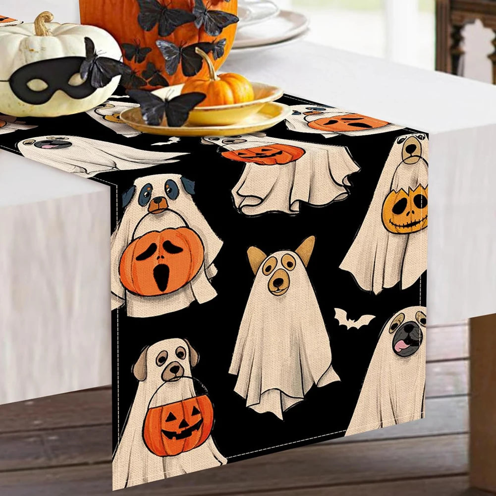 Halloween Spooky Ghost Dog Table Runner Jack O Lantern Pumpkin Bat Pumpkin Ghost Table Runner Indoor Outdoor Home Party Decor