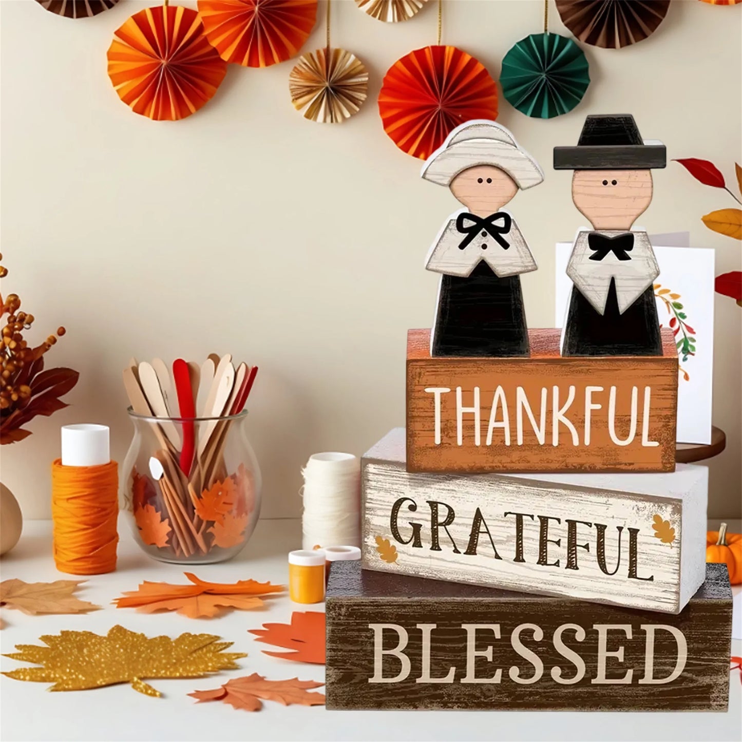 Thanksgiving Harvest Wooden Pumpkin Table Centerpiece Rustic Fall Decorative Desk Ornament Set of 3 Pieces