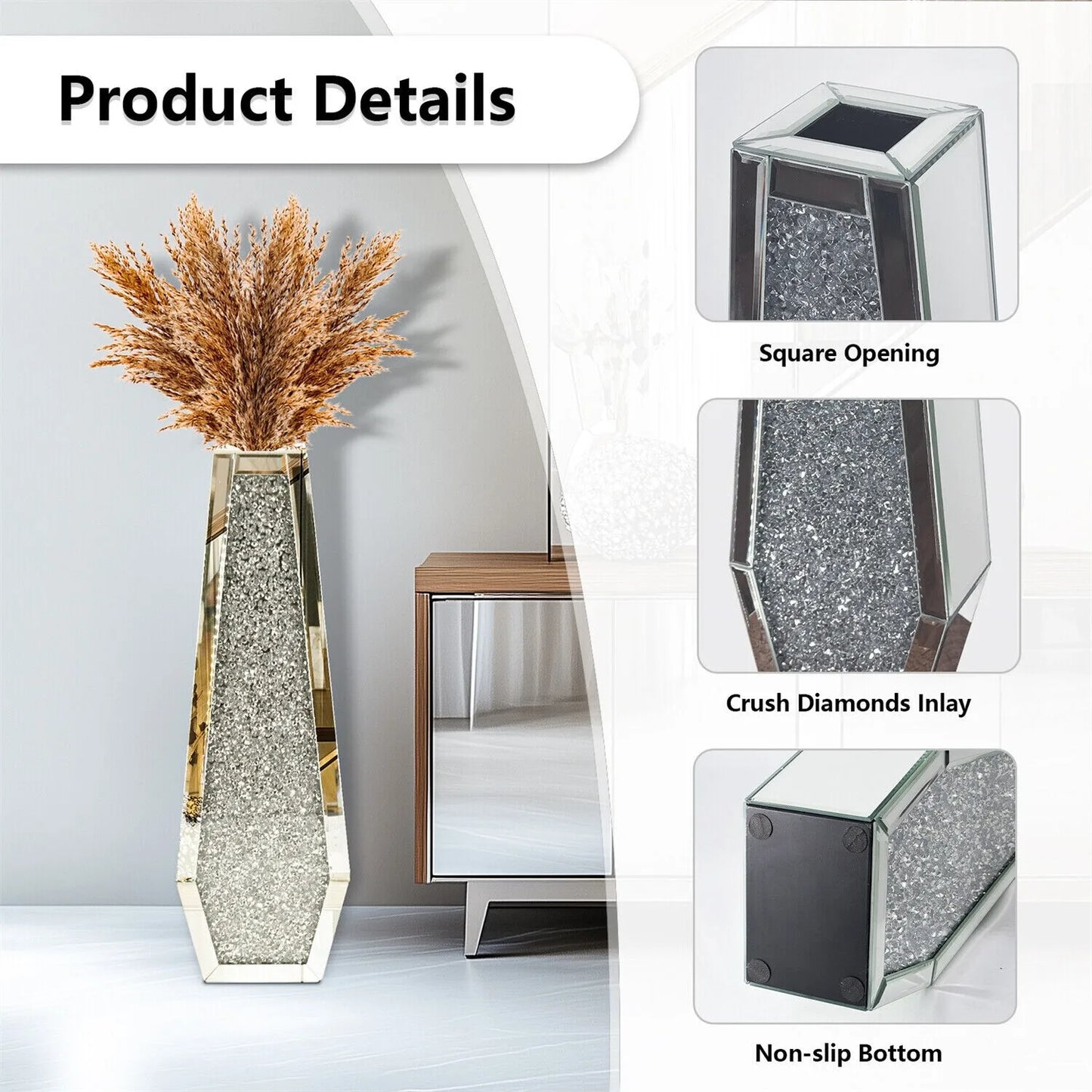 Luxury Tall Floor Vase Crushed Diamond Mirrored Vase 27” Crystal Glass Flower