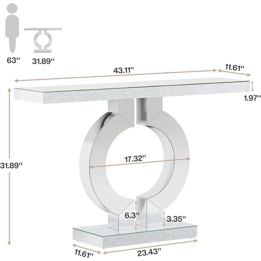 Contemporary Glass Console Table with Mirrored Finish, 43" Rectangular Entryway Accent Table on O-Base