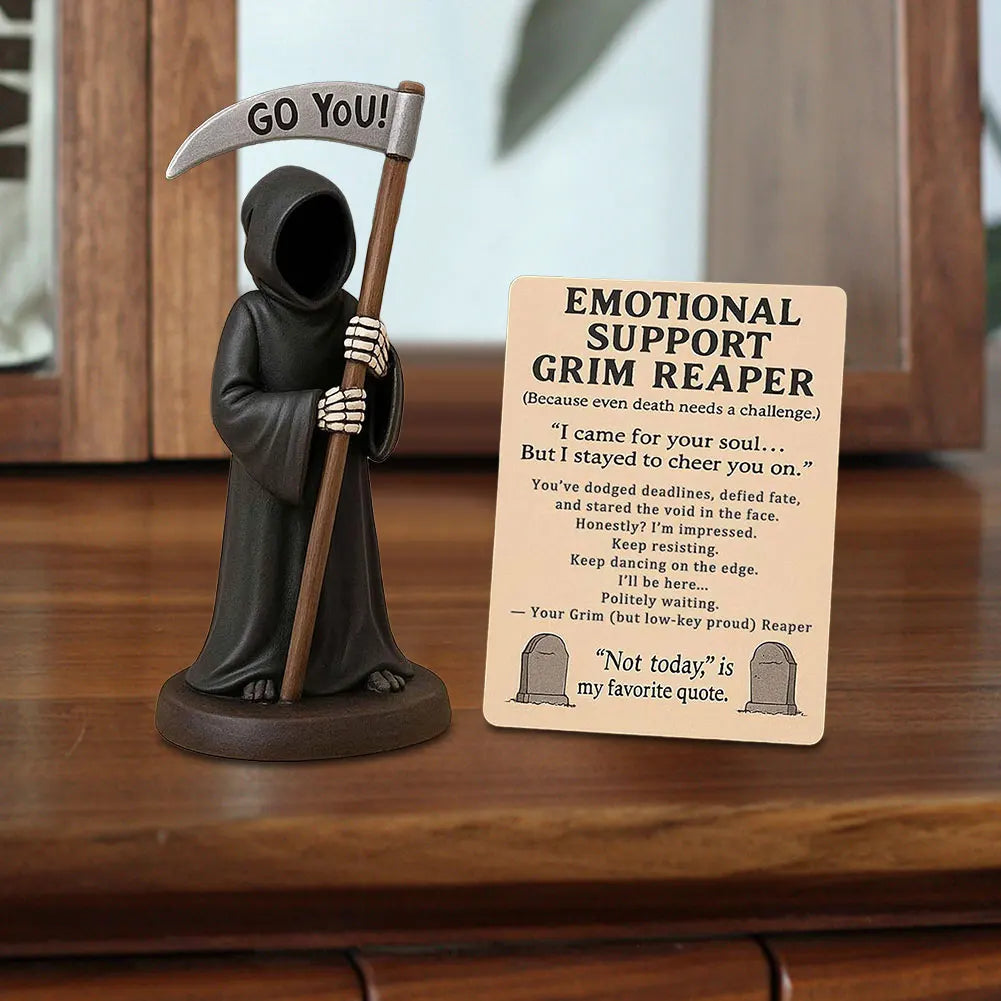 Emotional Support Grim Reaper Figurine with Support Card Grim Reaper Statue Gothic Skeleton Statue for Halloween Decor