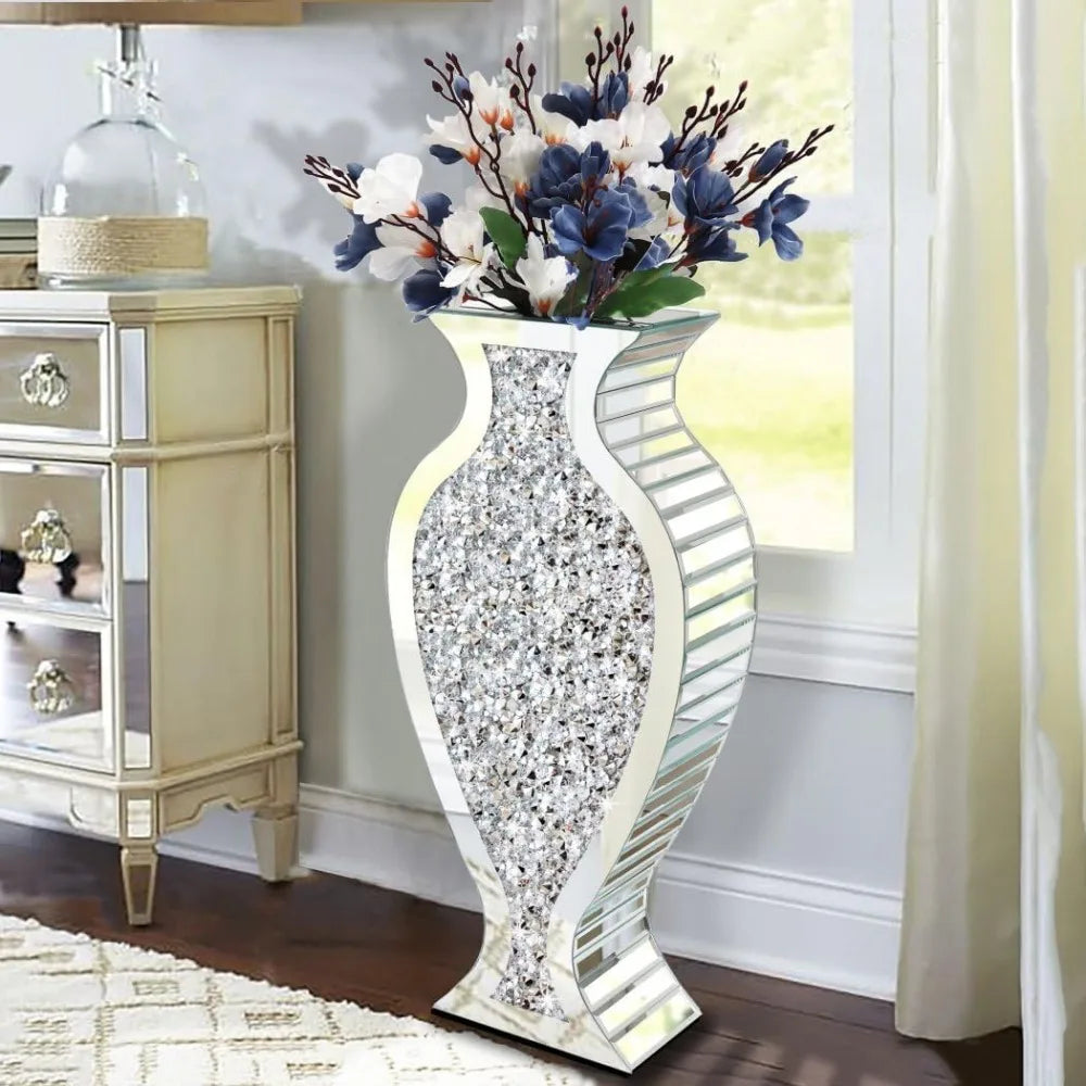 Tall Floor Vase S Crushed Diamond Mirrored Vase 27” Tall, Crystal Silver Glass Decorative Mirror Large Vase Luxury for Home Deco