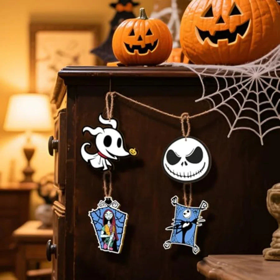 36 PCS Halloween Christmas Jack Sally Wooden Hanging Ornaments for Tree Wood Nightmare Christmas Tree Decorations Before Spooky